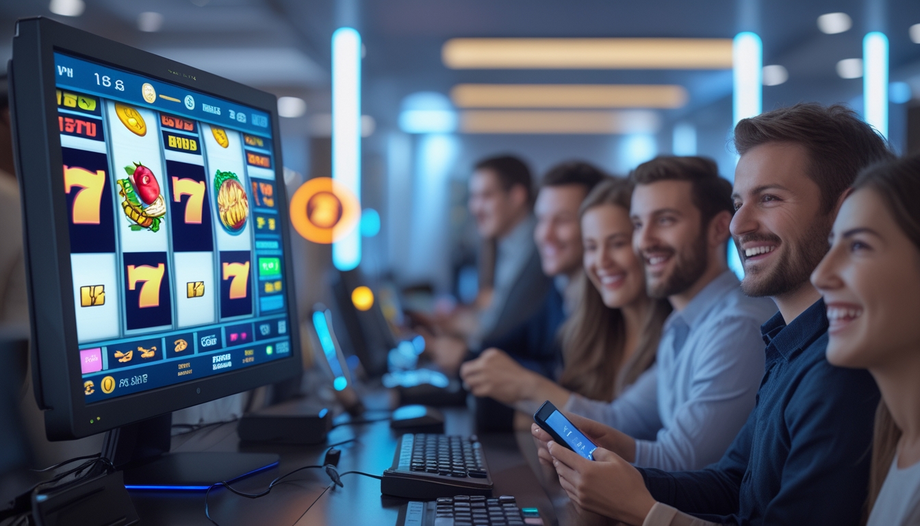 Orang-orang sedang bermain mesin slot online di komputer dengan suasana cerah dan modern.