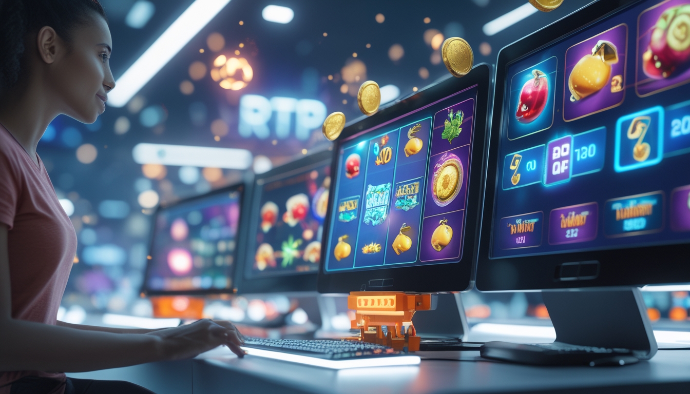Seseorang sedang menggunakan komputer dengan layar menampilkan permainan slot online berwarna-warni dan simbol kemenangan.