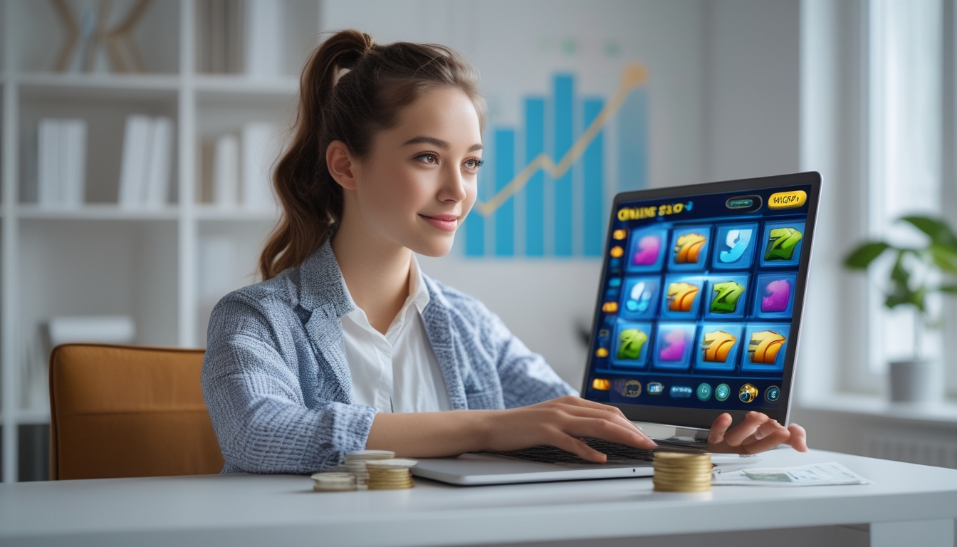 Seorang pemula muda sedang menggunakan laptop untuk bermain permainan slot online dengan modal kecil di meja yang rapi.