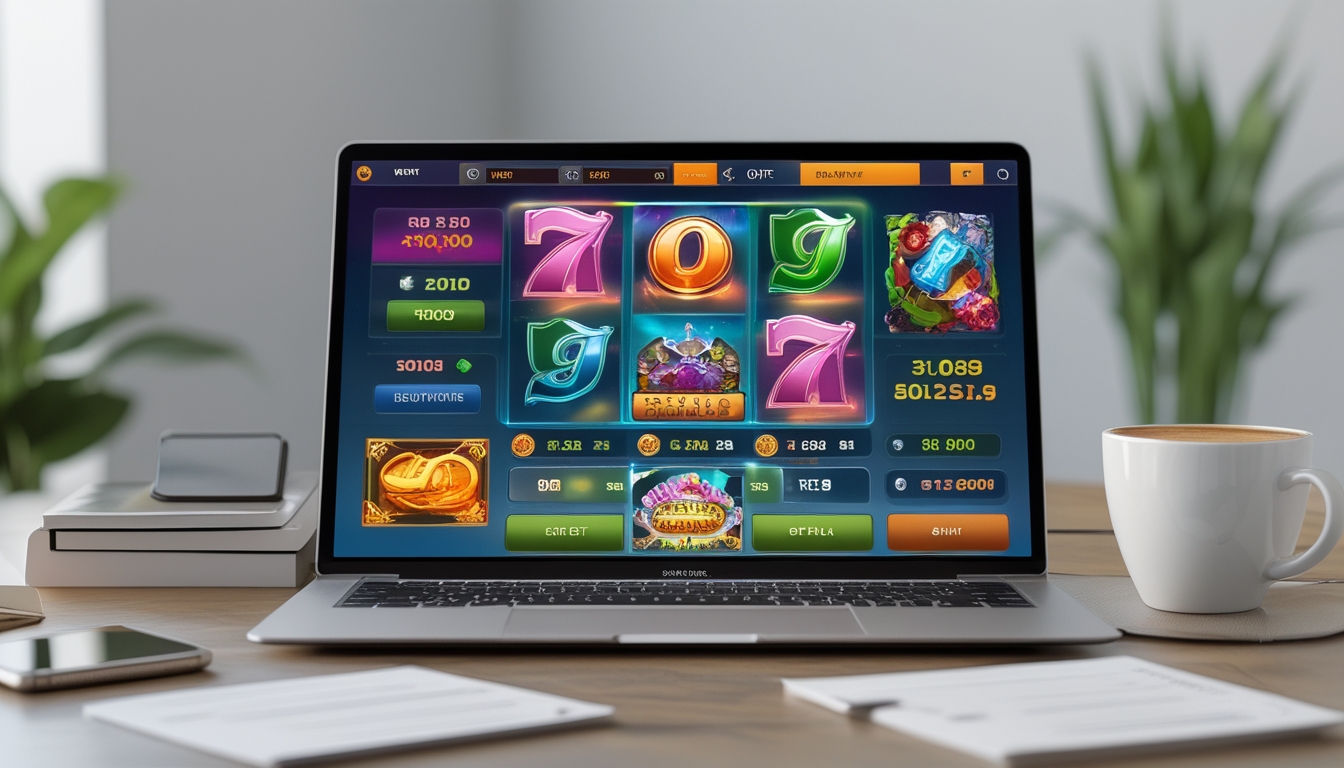 Seorang pemain pemula sedang menggunakan laptop untuk bermain slot online di meja kerja dengan suasana yang rapi dan nyaman.