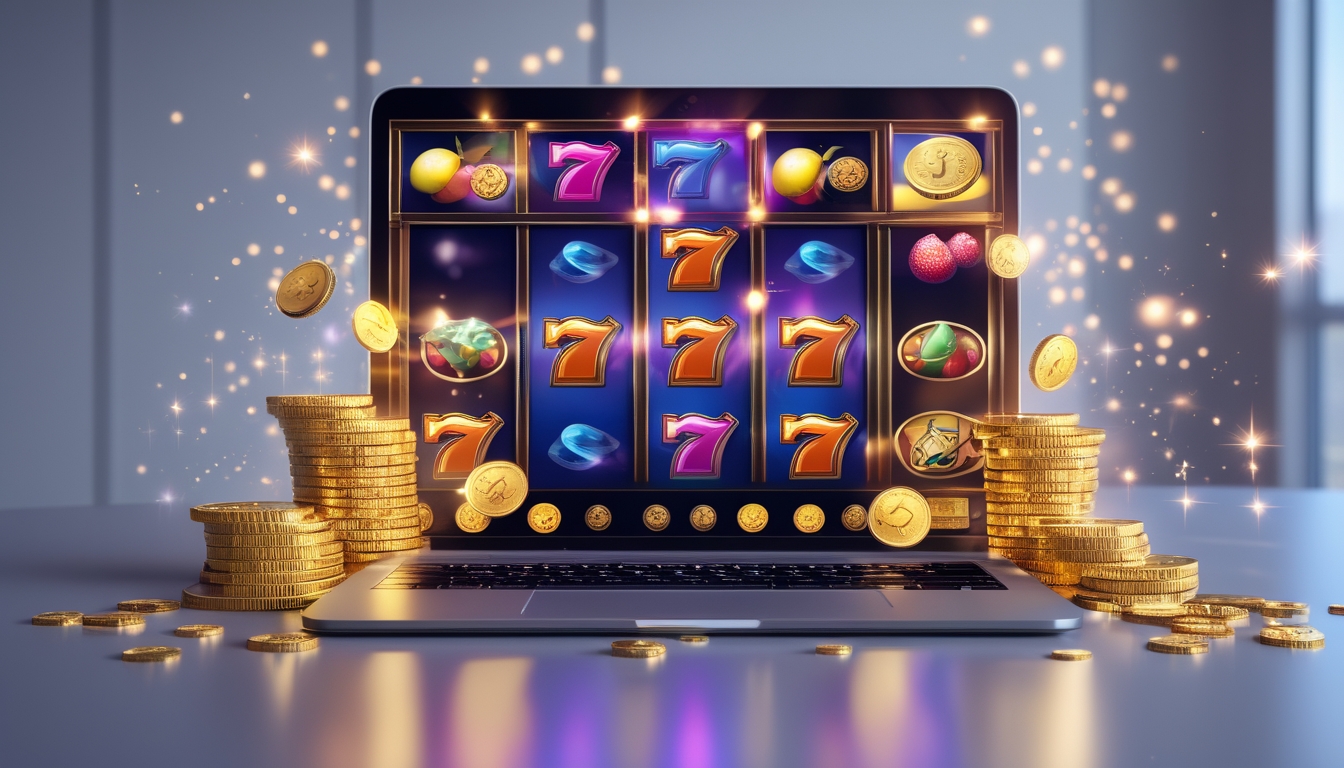 Sebuah layar komputer menampilkan permainan slot online dengan gulungan berwarna-warni dan tumpukan koin emas di sekitarnya, menggambarkan suasana kemenangan dalam permainan slot.
