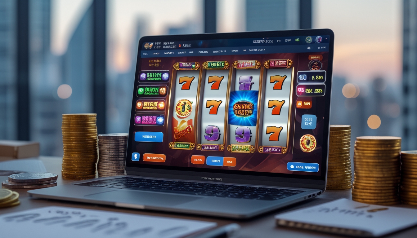 Meja kerja dengan laptop menampilkan permainan slot online, tumpukan koin, ponsel dengan konfirmasi pembayaran, dan catatan strategi di latar belakang kota modern.