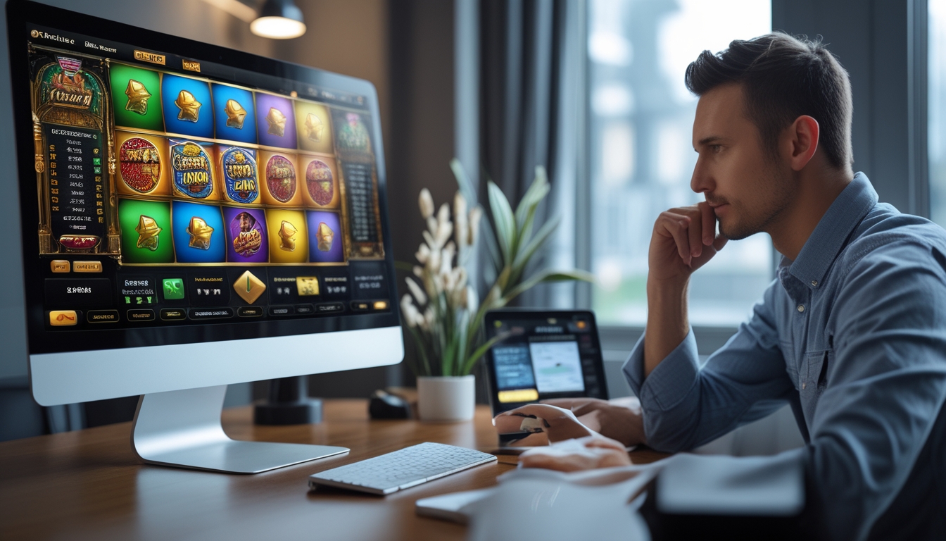 Seseorang sedang menggunakan laptop dengan tampilan permainan slot online di layar, di ruang kerja yang rapi dan terang.