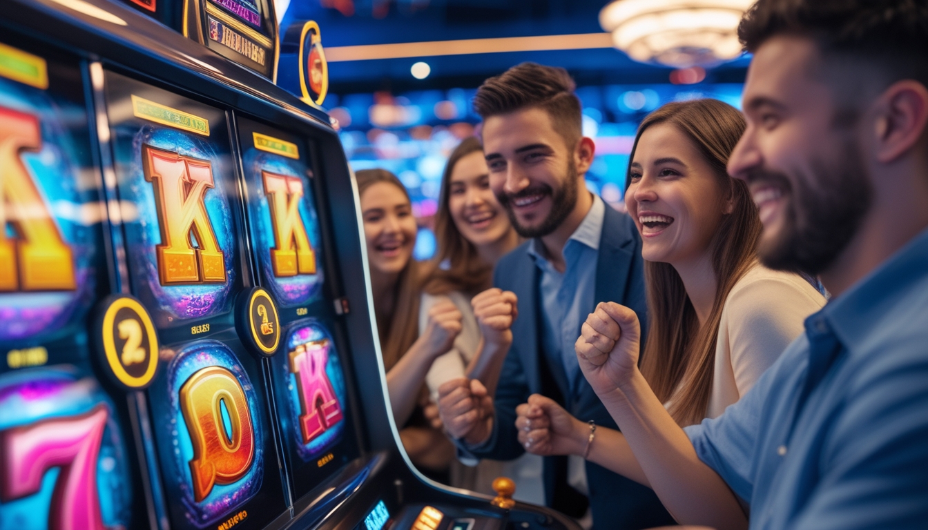 Orang-orang di kasino modern sedang bermain mesin slot dengan ekspresi senang dan suasana meriah.