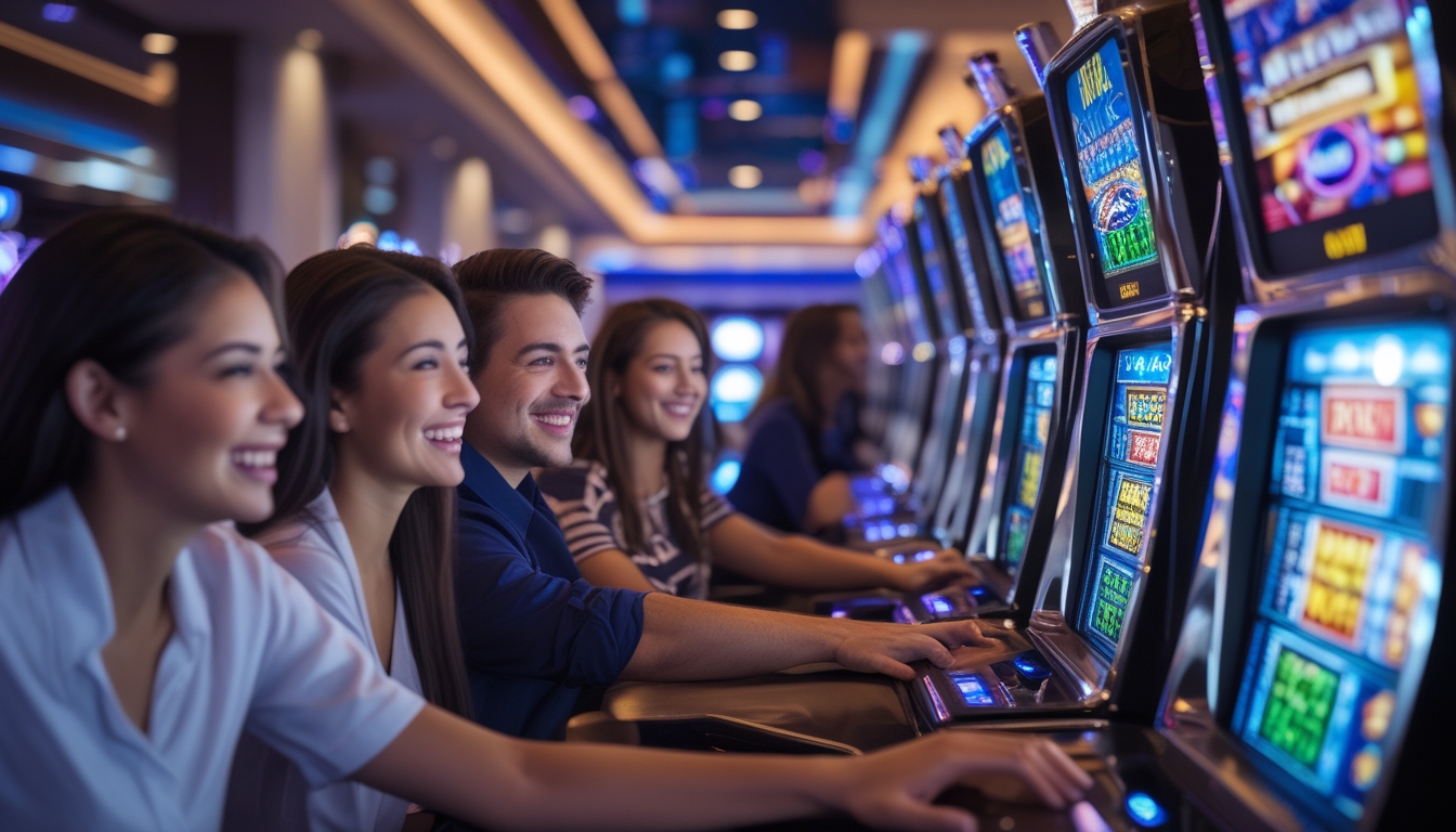 Beberapa orang sedang bermain mesin slot di dalam kasino yang modern dan terang dengan suasana penuh semangat.