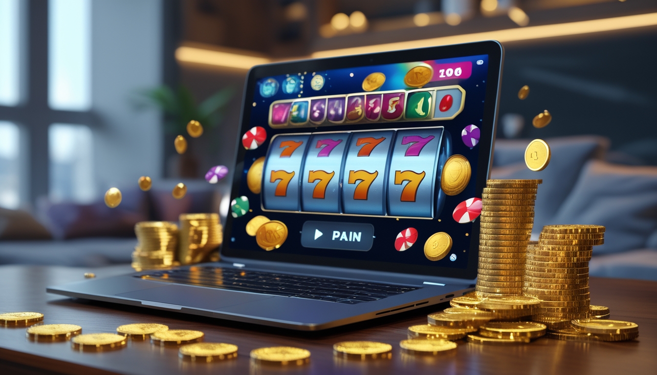 Seorang pengguna duduk di depan laptop dengan tampilan permainan slot online yang berwarna-warni dan simbol keberuntungan, dikelilingi oleh tumpukan chip kasino dan koin emas di atas meja kayu.