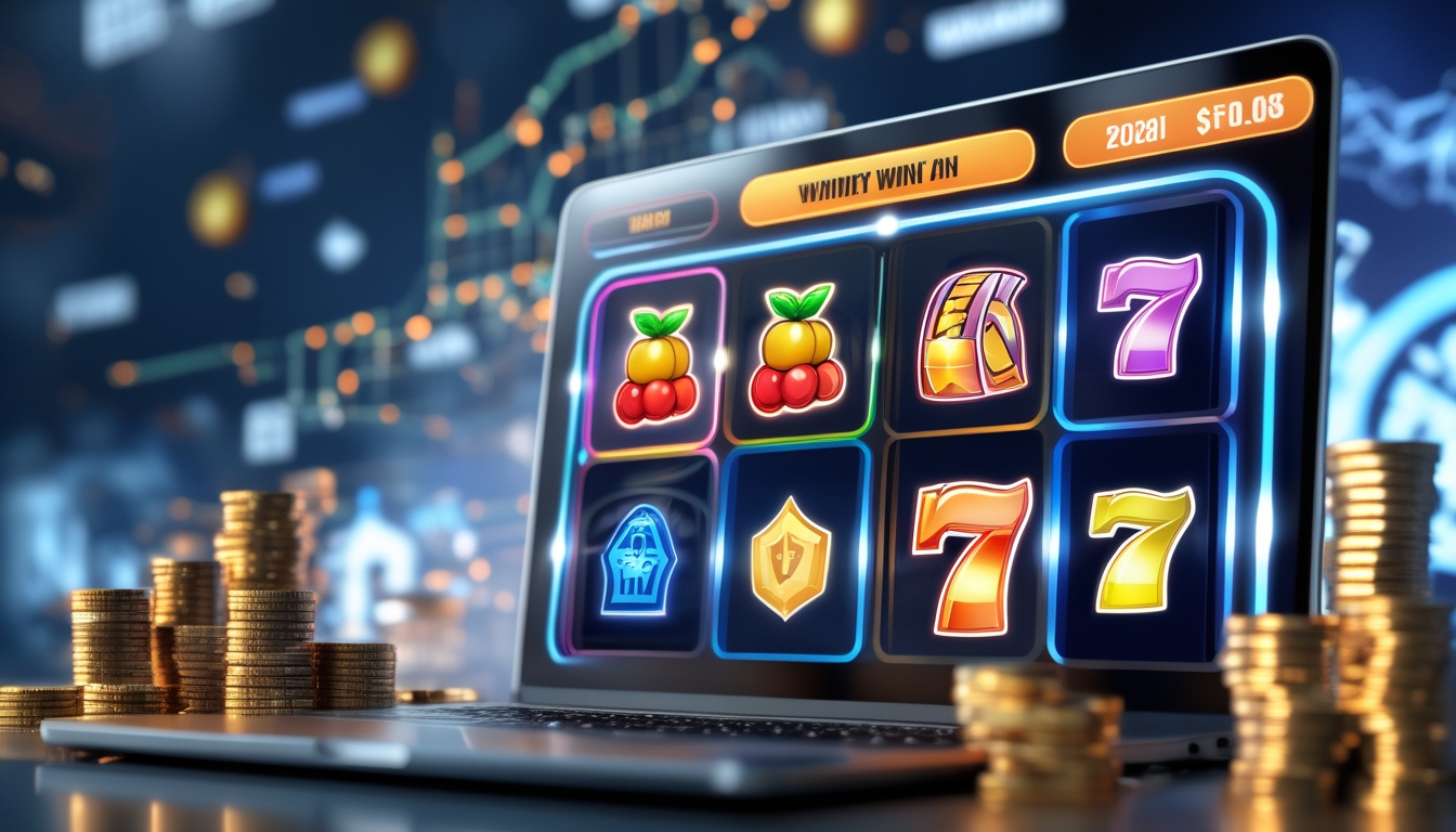 Suasana modern dengan layar komputer menampilkan permainan slot online berwarna cerah dan simbol kemenangan, dikelilingi ikon keamanan dan tumpukan koin.