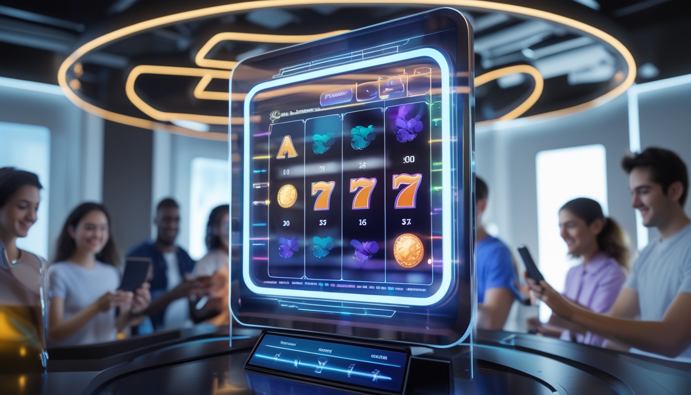 Orang-orang muda bermain game slot digital dengan antusias di ruang bermain modern, menampilkan layar slot berwarna cerah dan suasana yang menyenangkan.