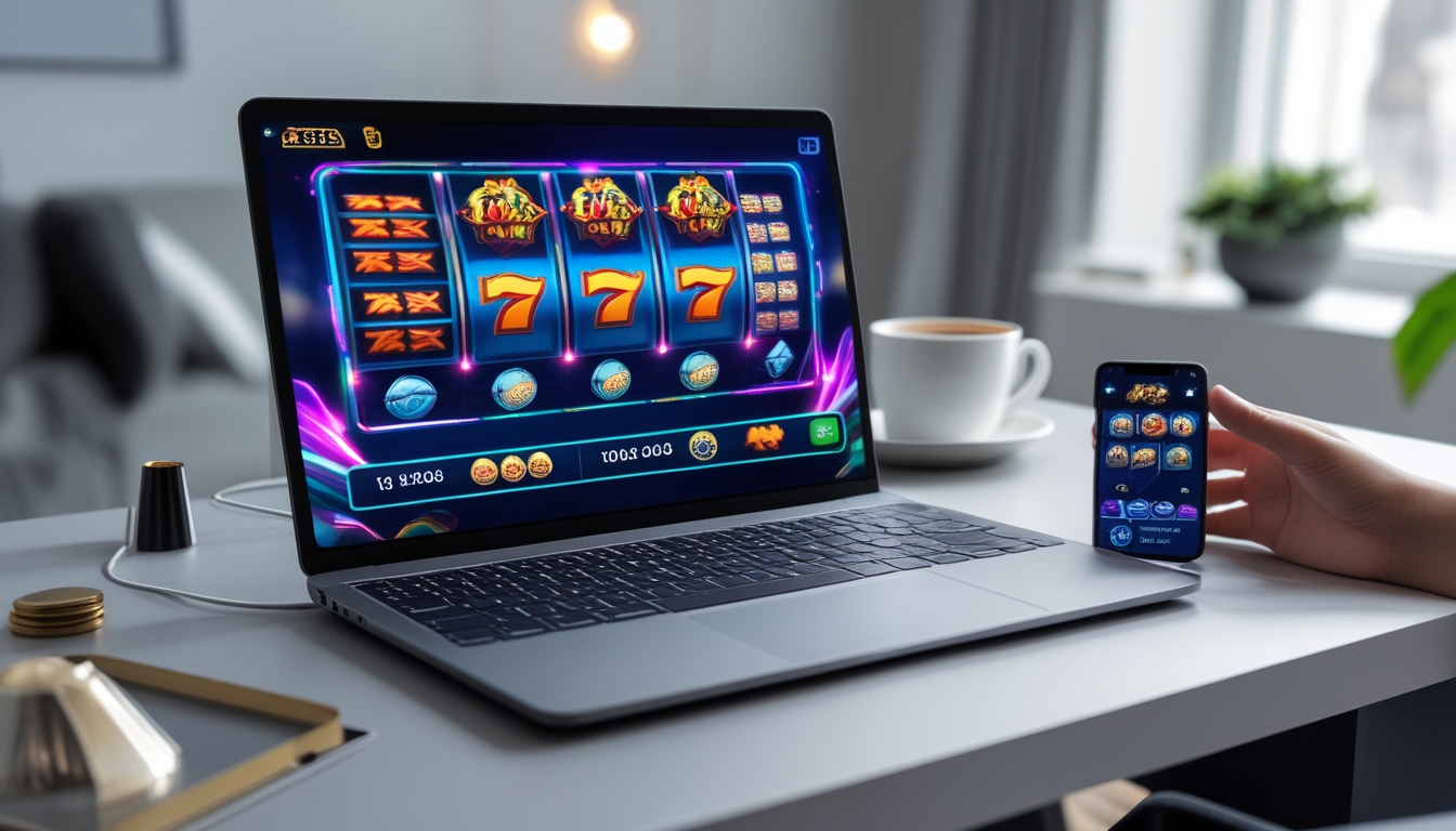Meja kerja modern dengan laptop dan ponsel menampilkan permainan slot online yang berwarna-warni.