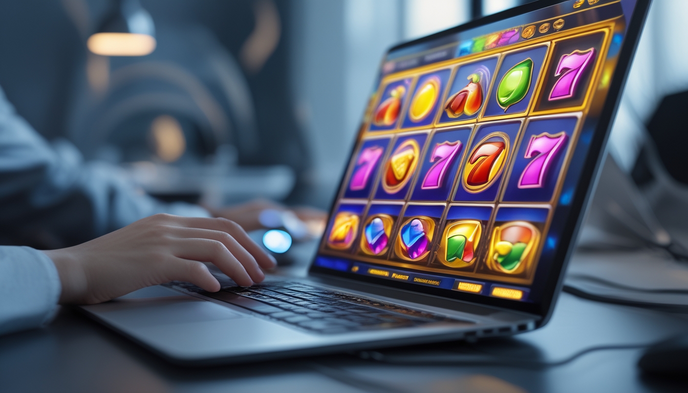 Tampilan layar komputer dengan permainan mesin slot digital yang berwarna-warni, tangan seseorang siap mengoperasikan perangkat, di ruang kerja modern.