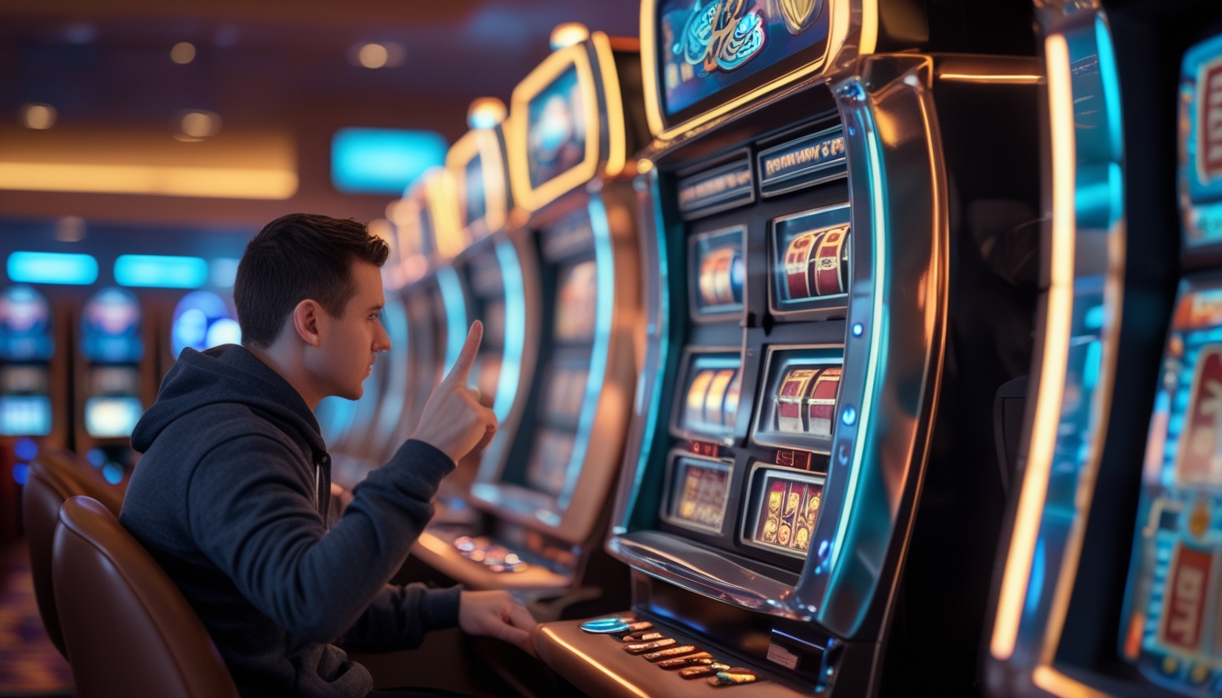 Seorang pemain menggunakan mesin slot modern di kasino dengan suasana yang hangat dan fokus pada tangan yang menunjukkan trik sederhana untuk menang.