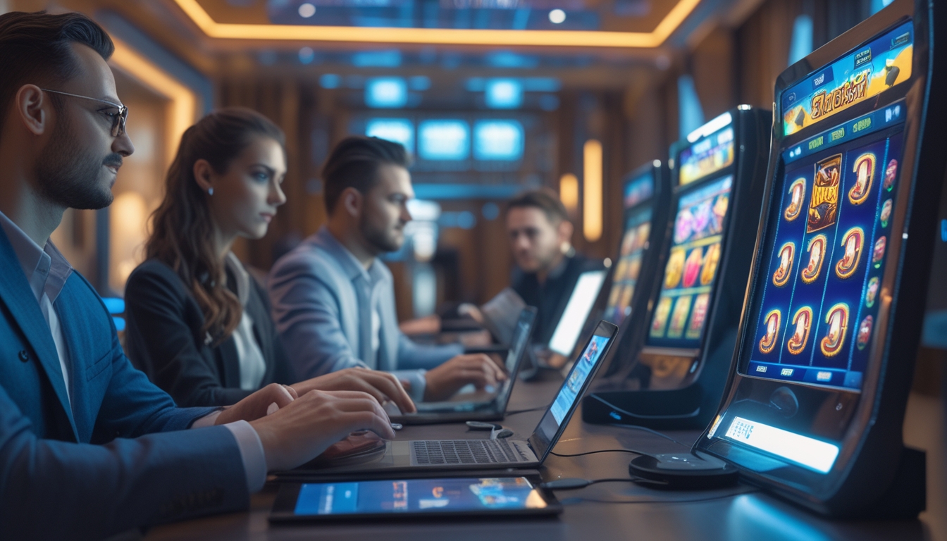 Sejumlah orang menggunakan perangkat digital untuk bermain mesin slot online di ruangan modern dengan pencahayaan terang dan desain futuristik.