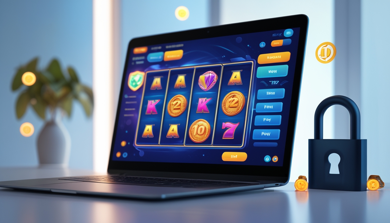 Seorang pengguna sedang bermain mesin slot online di komputer dengan simbol jackpot dan ikon keamanan di latar belakang.