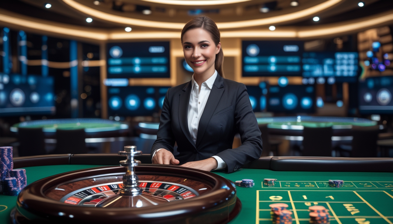 Seorang dealer profesional duduk di meja roulette dengan roda roulette berputar di depan dan layar menampilkan data permainan di latar belakang.