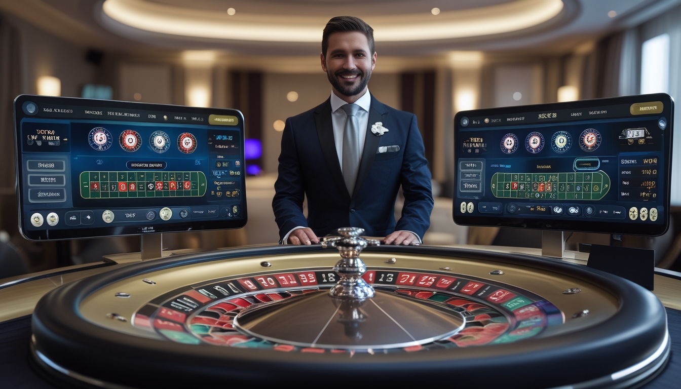 Seorang dealer profesional duduk di depan meja roulette dengan layar komputer menampilkan permainan roulette online secara langsung.