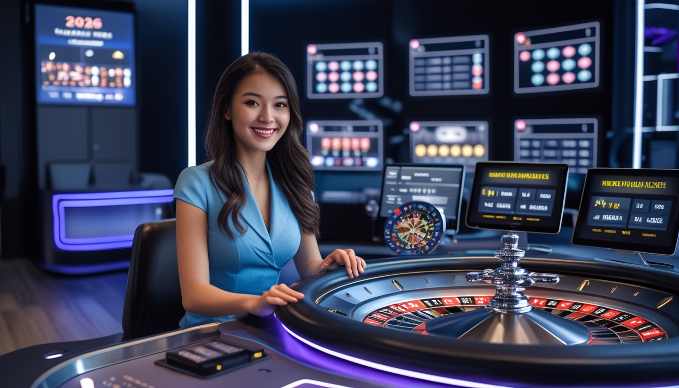 Seorang dealer wanita sedang memutar roda roulette di meja permainan online dengan layar digital dan suasana kasino modern.