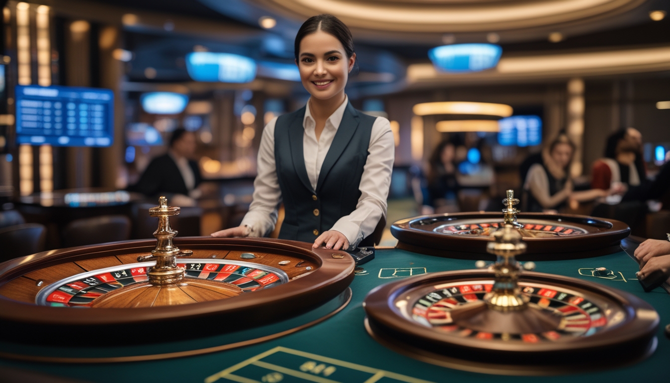 Seorang dealer profesional berdiri di belakang meja roulette dengan roda roulette yang sedang berputar di kasino modern.