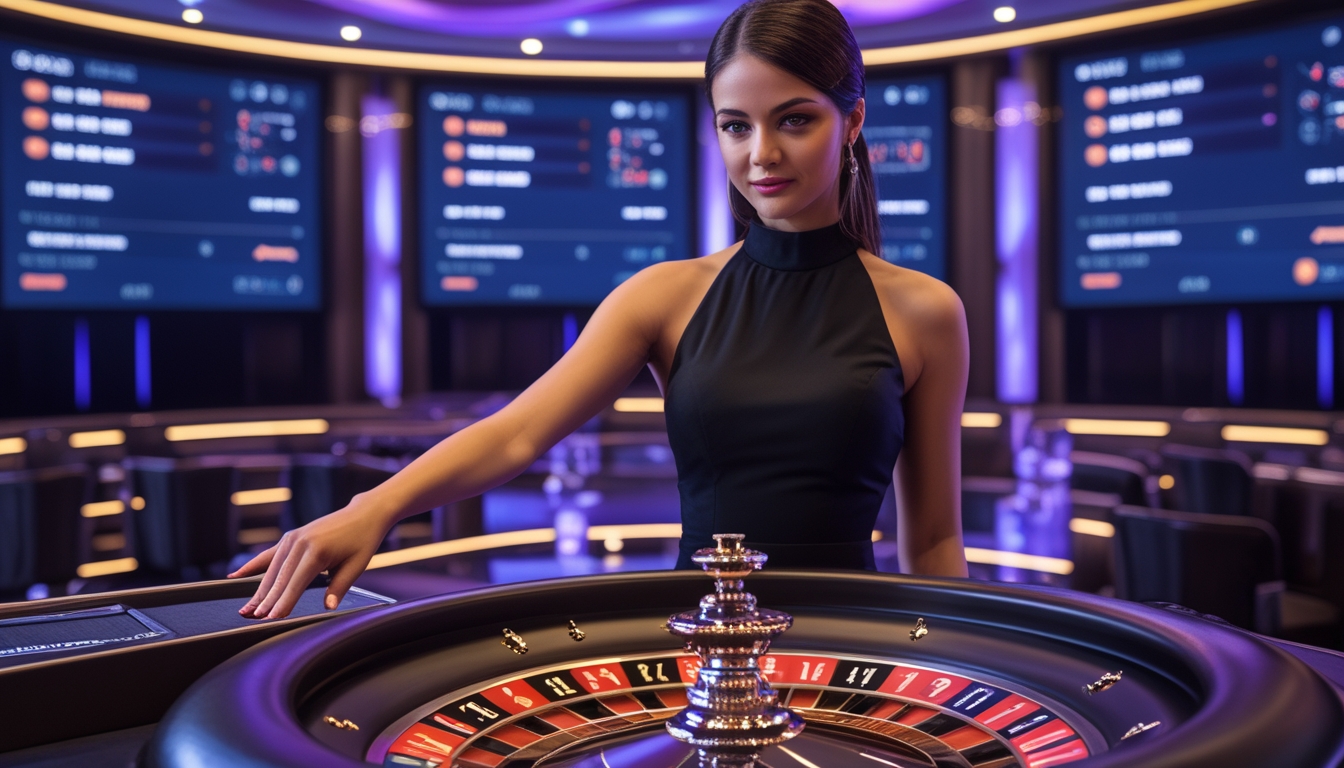 Seorang dealer wanita yang mengenakan gaun hitam sedang memutar roda roulette di meja kasino dengan layar digital di latar belakang.