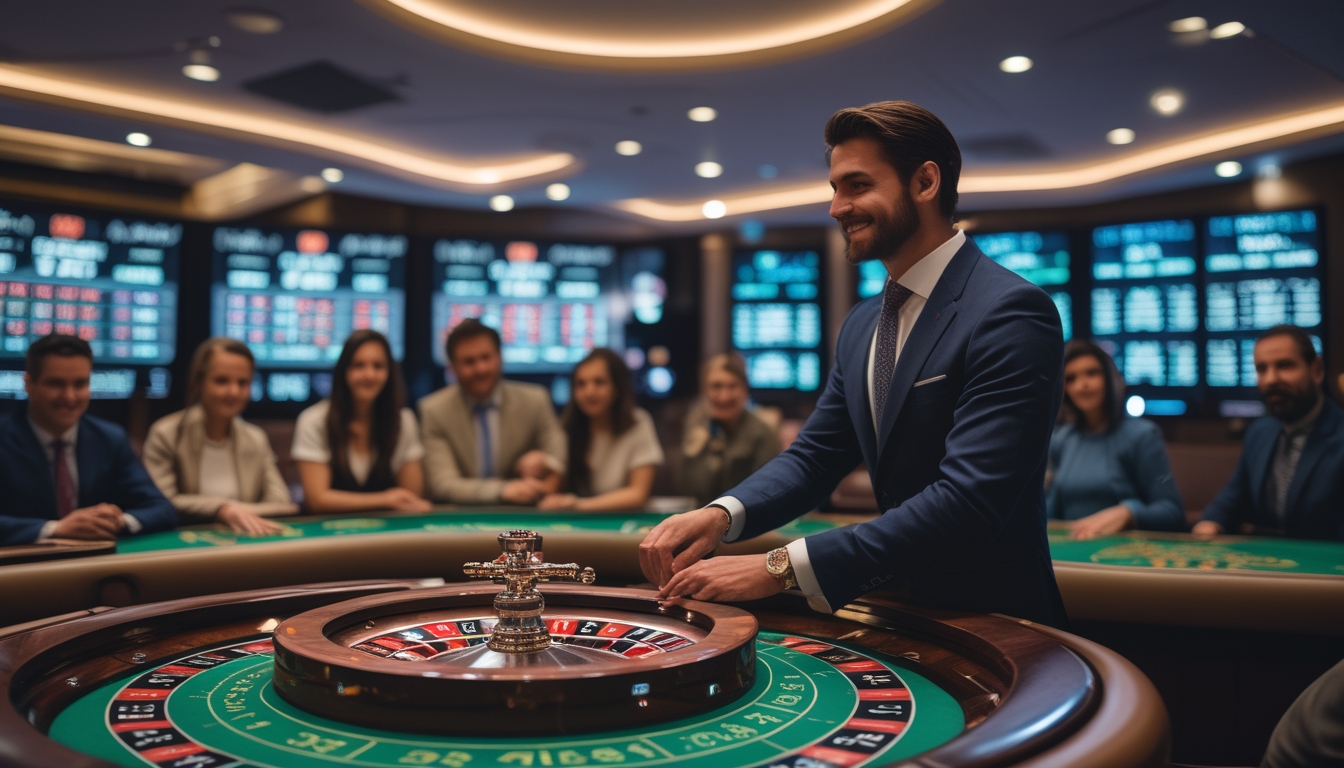 Seorang dealer live yang ramah sedang memutar roda roulette di meja kasino dengan beberapa pemain yang memperhatikan permainan.