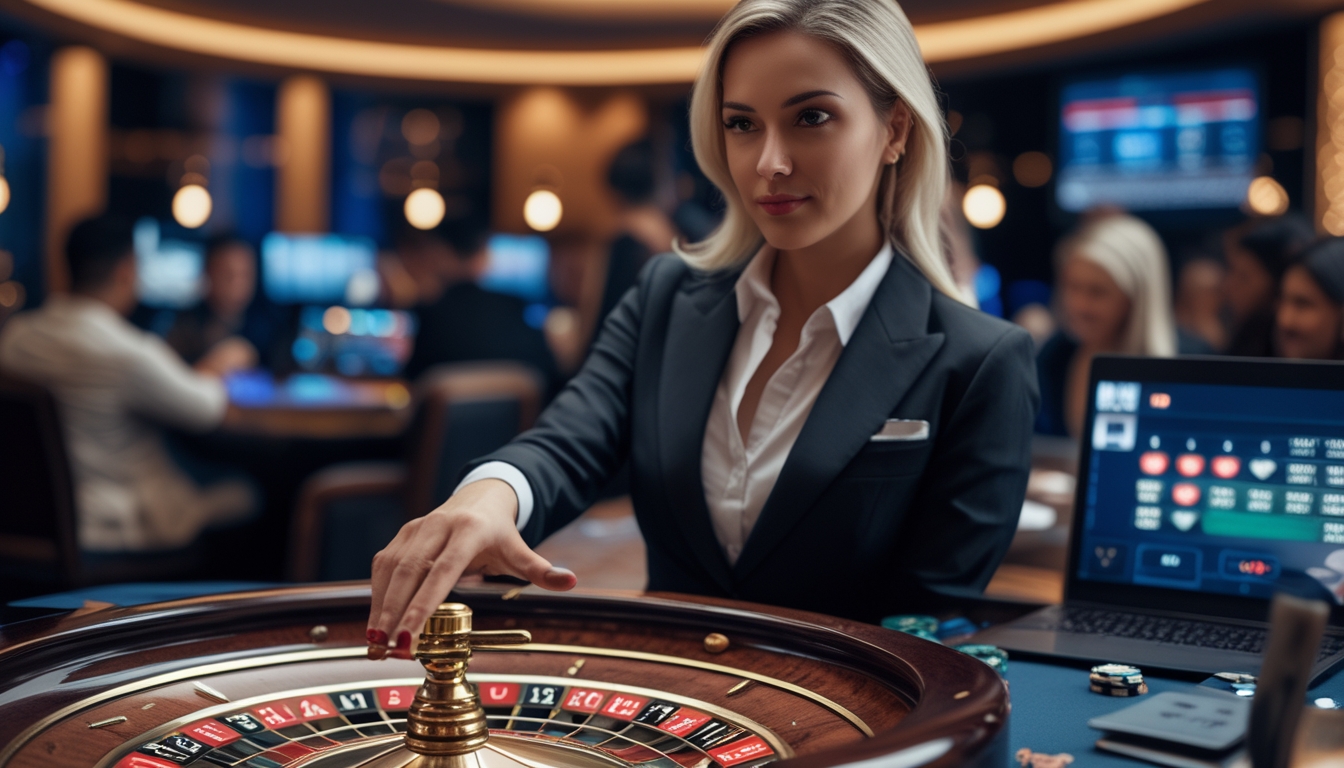 Seorang dealer wanita yang percaya diri sedang memutar roda roulette di meja kasino dengan beberapa pemain yang menggunakan laptop dan ponsel untuk bermain.