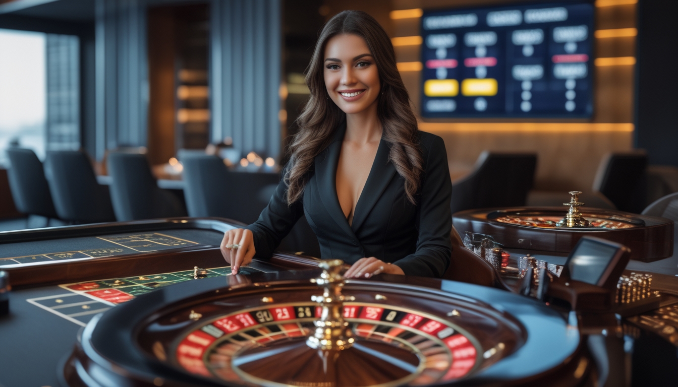 Seorang dealer wanita profesional duduk di meja roulette dengan roda roulette yang berputar di depan, di lingkungan kasino modern dengan pencahayaan lembut.