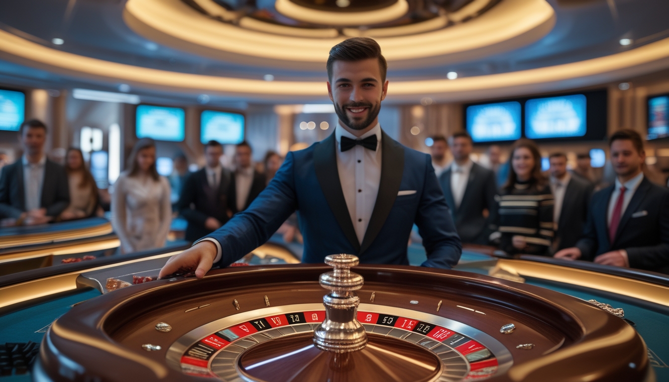 Seorang dealer profesional sedang memutar roda roulette di kasino dengan pemain yang memperhatikan di latar belakang.