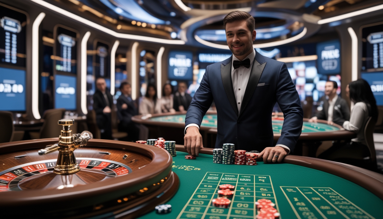 Seorang dealer live roulette yang profesional sedang memutar roda roulette di sebuah meja dengan pemain yang memperhatikan di sekitarnya di dalam kasino modern.