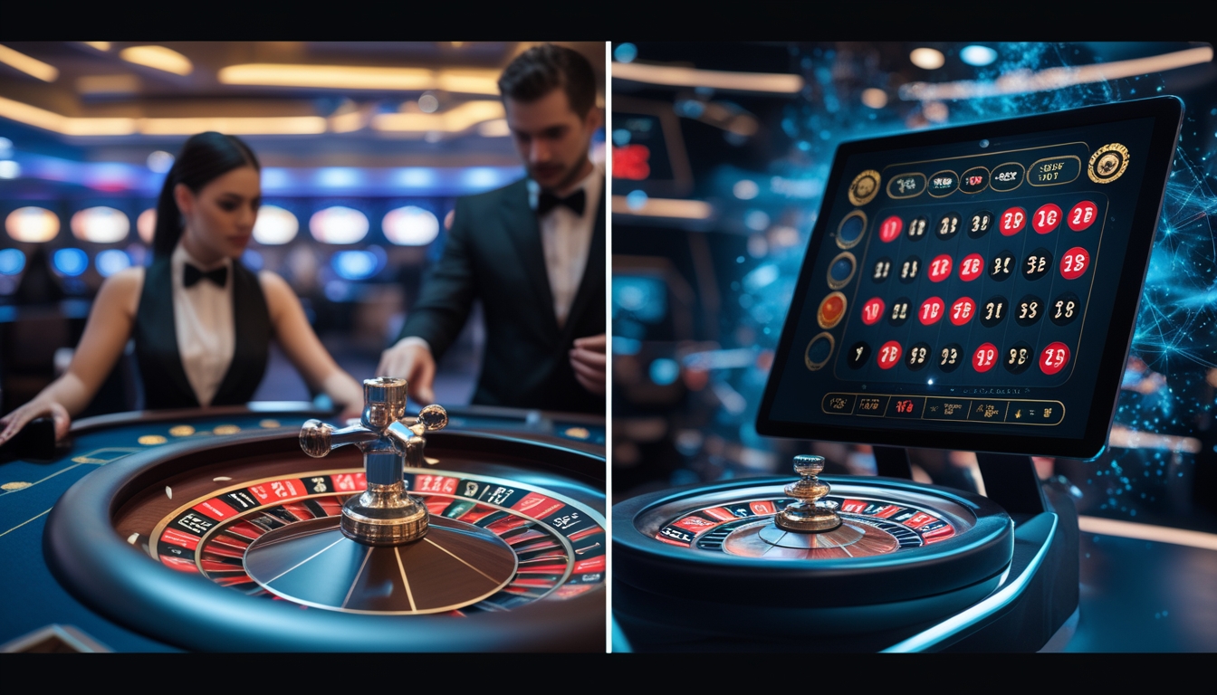 Foto perbandingan antara meja roulette live dealer dengan dealer nyata di kasino dan tampilan digital roulette RNG di layar komputer.