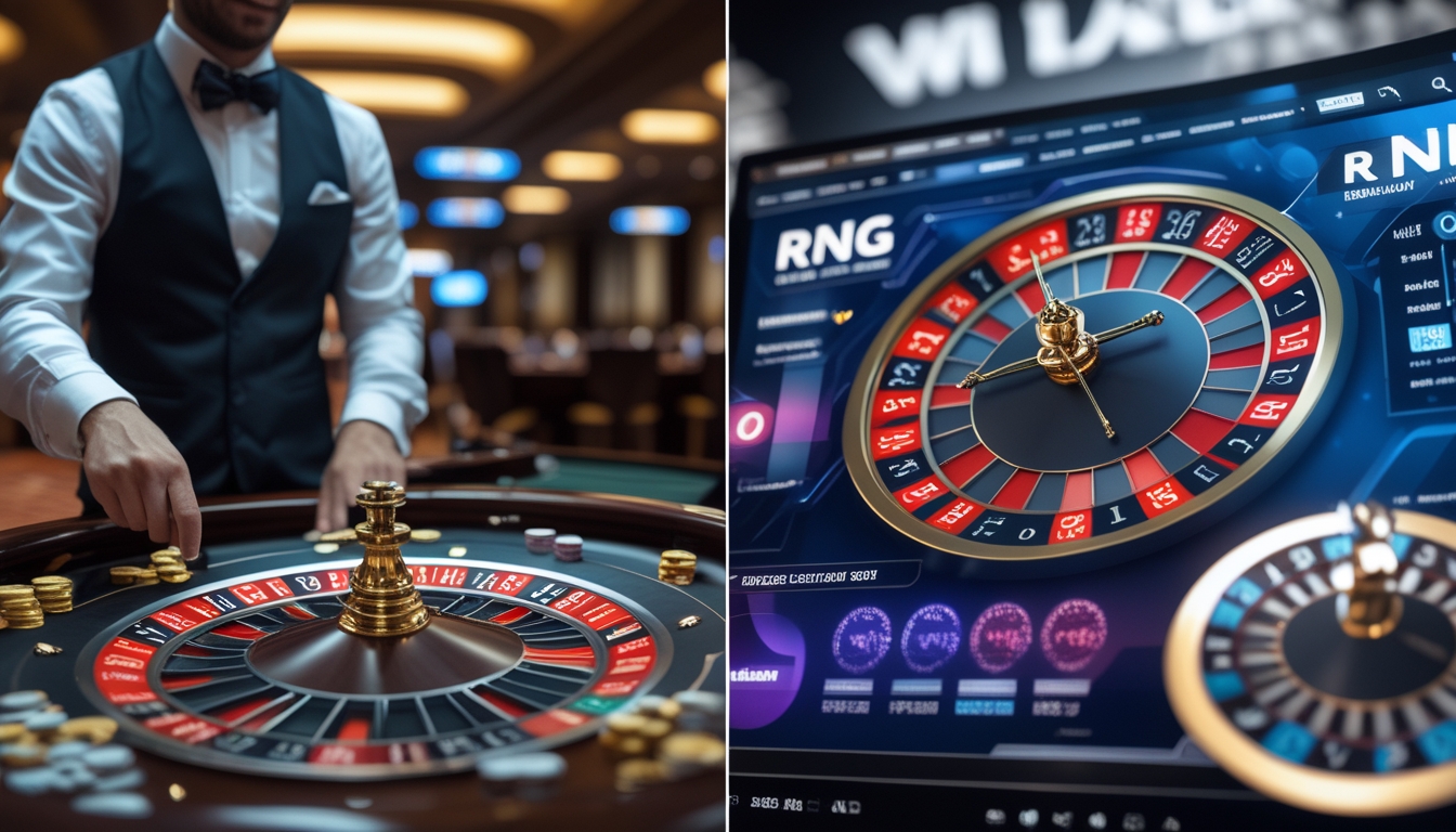 Seorang dealer roulette langsung sedang memutar roda roulette di meja kasino, bersebelahan dengan layar digital yang menampilkan roda roulette otomatis.