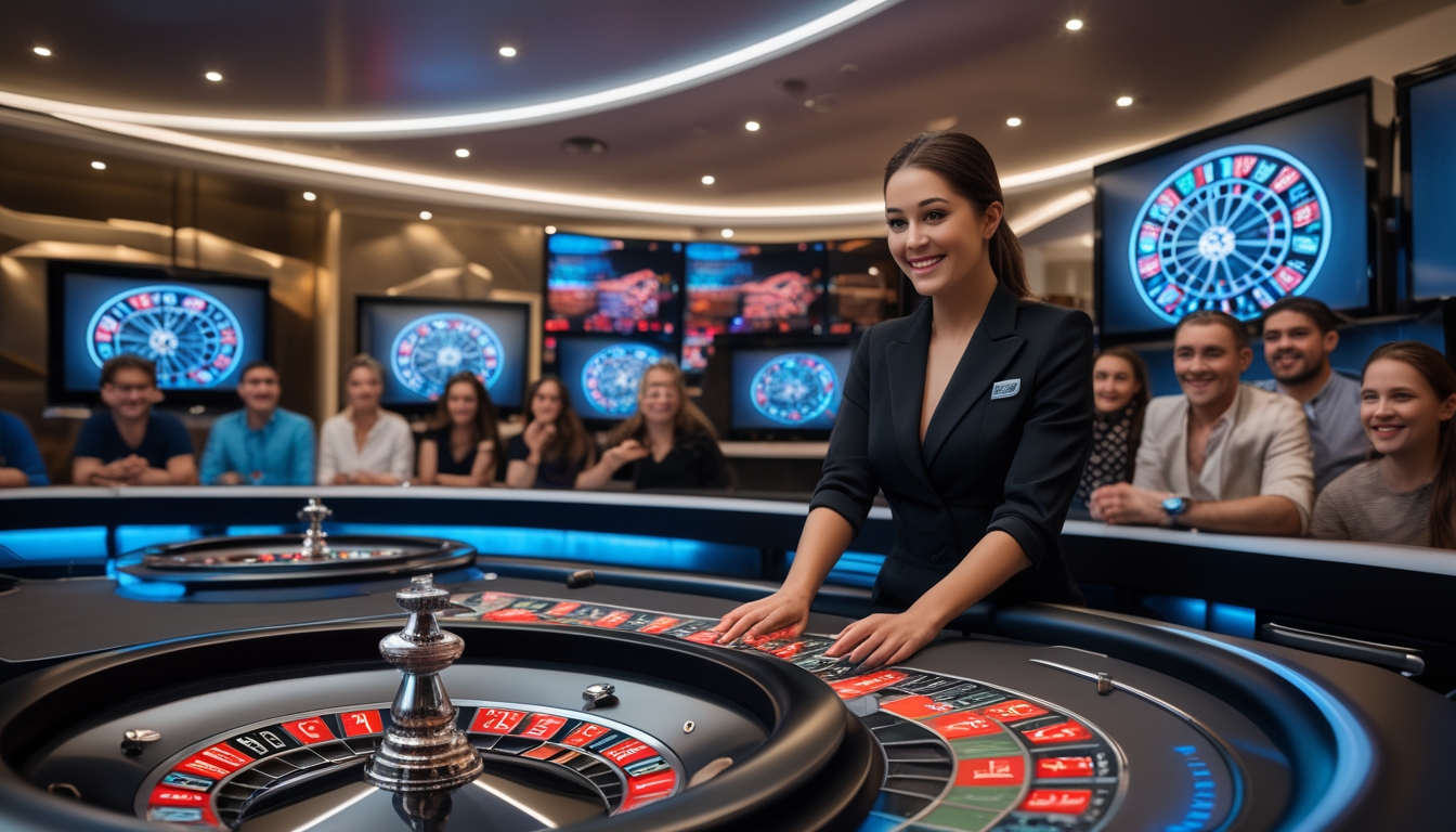 Seorang dealer wanita profesional berdiri di samping meja roulette digital dengan pemain yang antusias di latar belakang dalam suasana kasino modern.