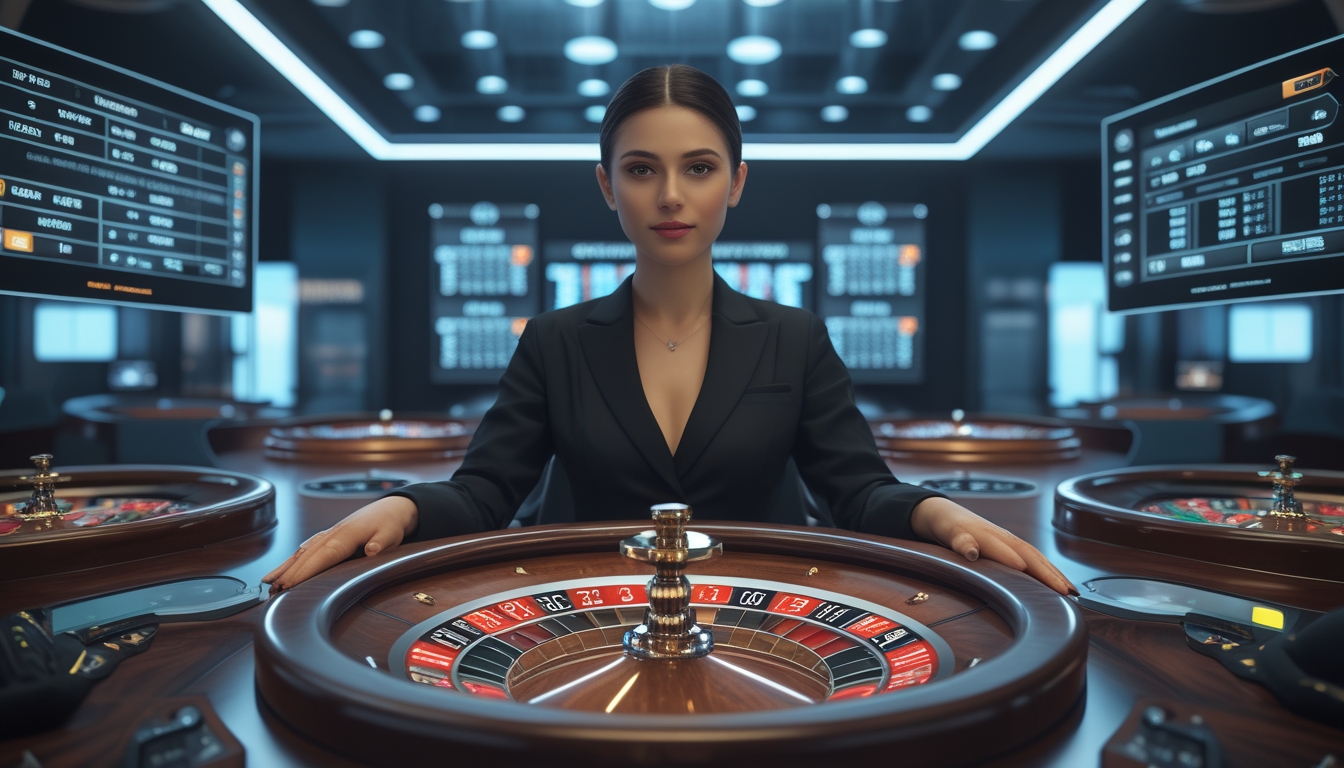Seorang dealer wanita profesional sedang mengelola permainan roulette online dengan roda roulette berputar dan layar digital di sekitarnya.