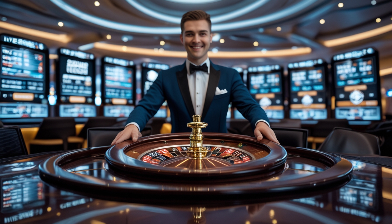 Seorang dealer live yang ramah sedang memutar roda roulette di meja kasino modern dengan layar digital dan suasana kasino mewah.