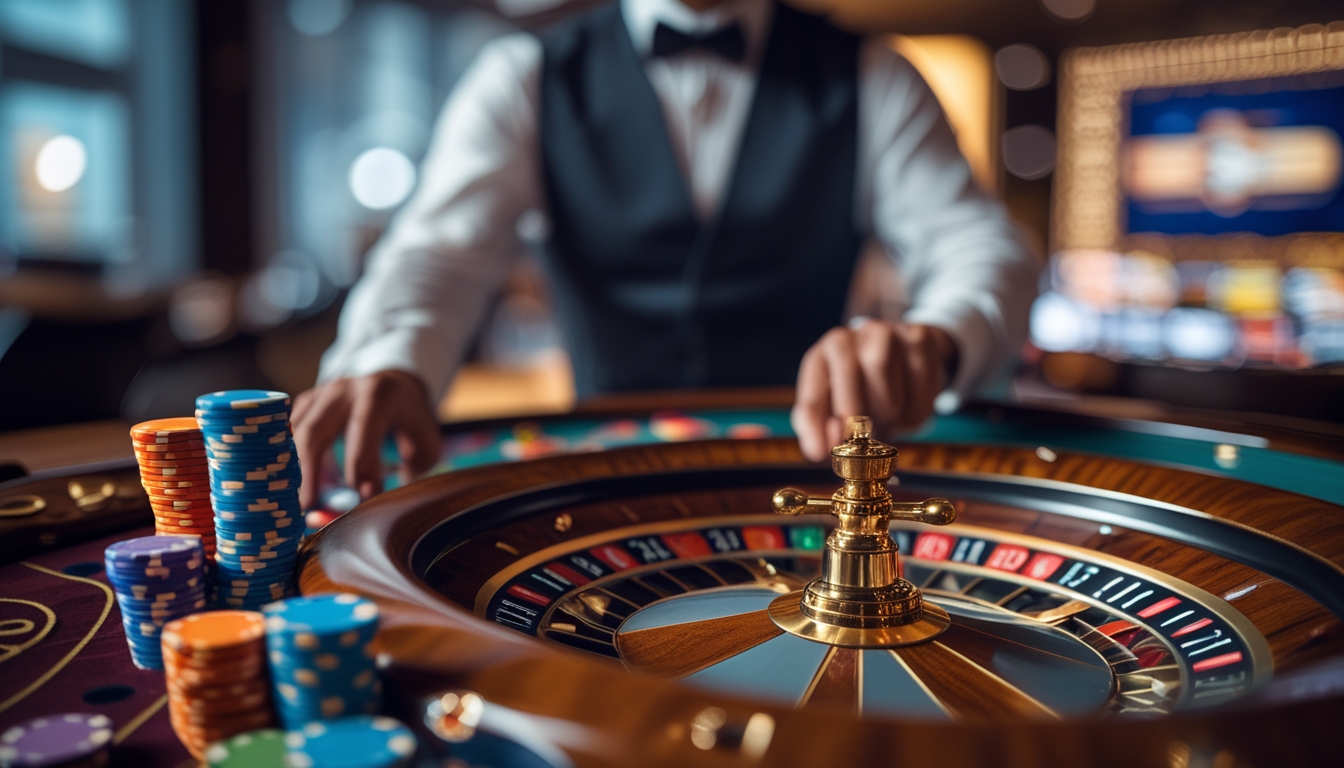 Seorang dealer kasino profesional sedang memutar roda roulette di meja permainan dengan tumpukan chip berwarna-warni di depan.