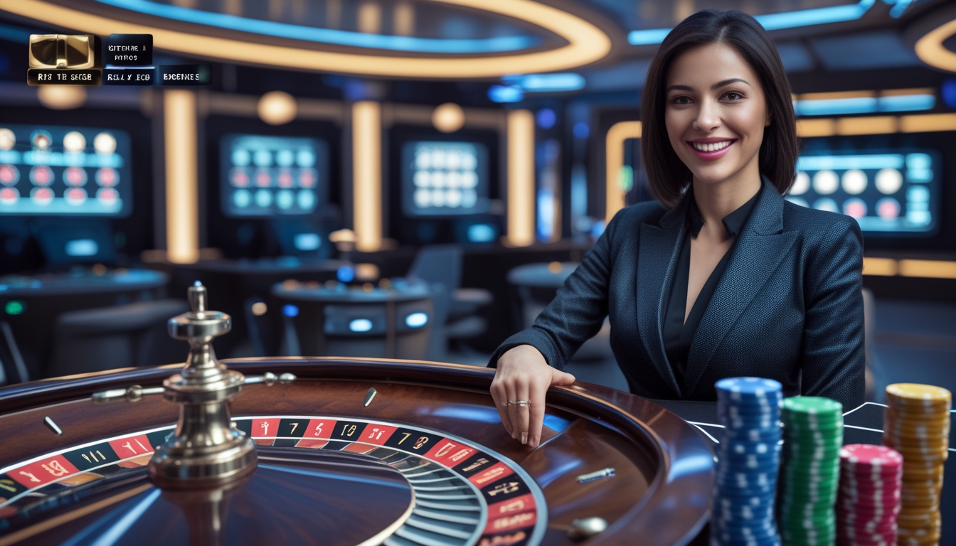 Seorang dealer live roulette yang ramah di meja roulette modern dengan roda roulette berputar dan chip warna-warni, menunjukkan suasana permainan roulette online.