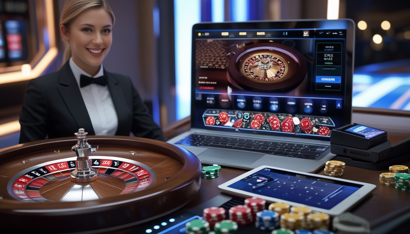 Seorang dealer wanita tersenyum di depan meja roulette dengan roda roulette digital yang berputar dan layar perangkat menampilkan antarmuka taruhan kecil.