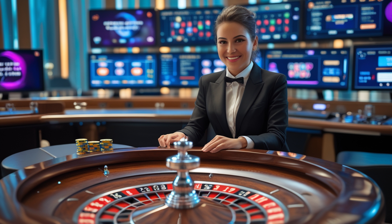 Seorang dealer profesional duduk di belakang meja roulette dengan roda roulette yang berputar dan layar komputer menampilkan permainan roulette online.