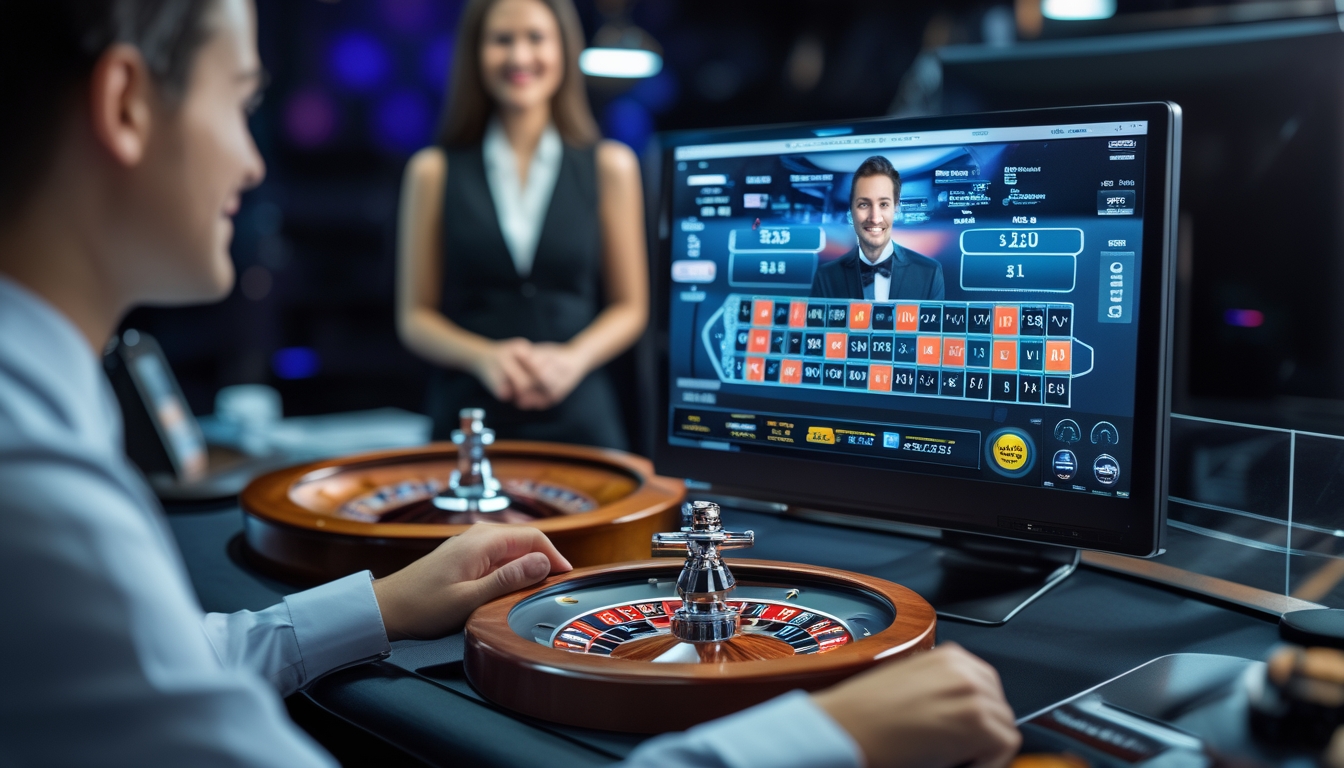 Seorang dealer langsung bermain roulette online dengan tampilan meja roulette digital di layar komputer, menunjukkan pengalaman bermain interaktif dan nyata.