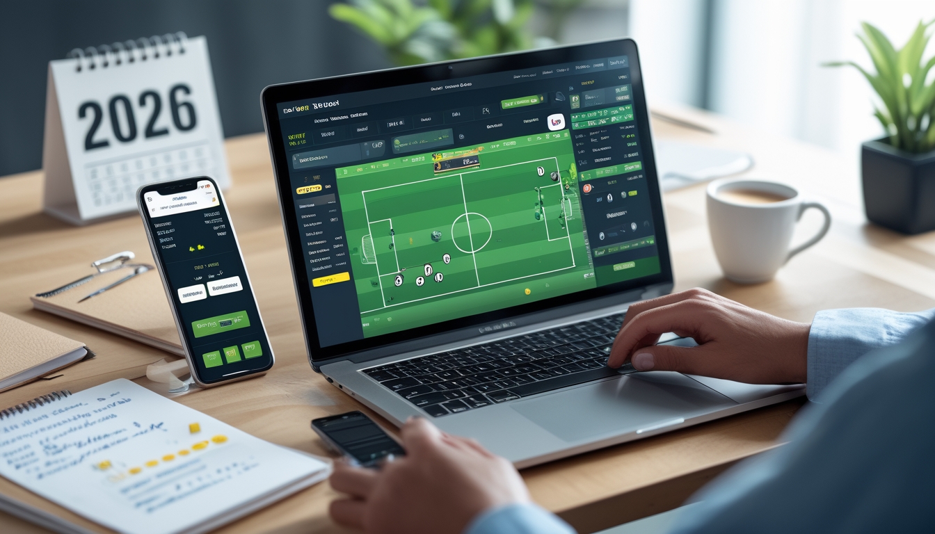 Meja kerja modern dengan laptop yang menampilkan situs taruhan bola online, smartphone, secangkir kopi, dan catatan di lingkungan kantor yang terang dan rapi.