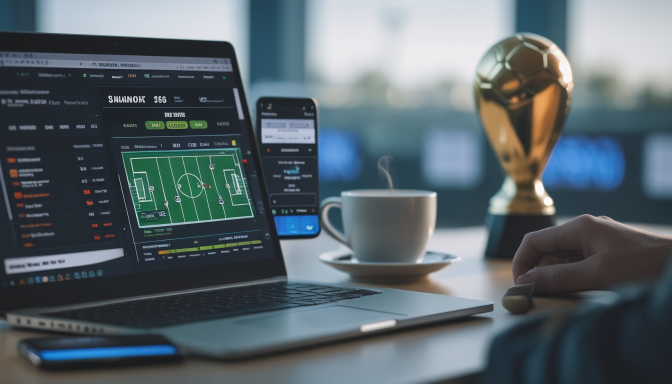Meja kerja dengan laptop yang menampilkan data taruhan bola online, ponsel dengan pembaruan pertandingan langsung, dan beberapa perlengkapan sepak bola di latar belakang.