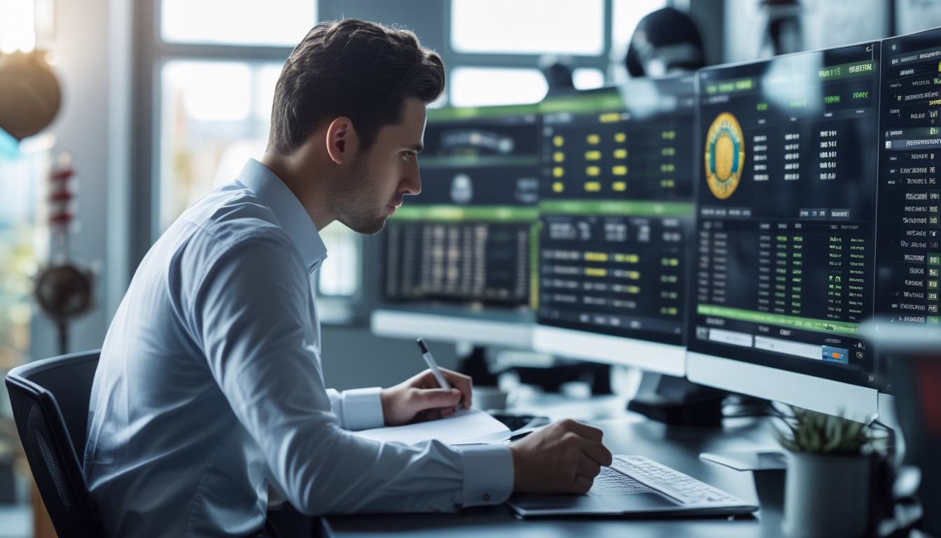 Seorang analis olahraga yang fokus bekerja di depan beberapa monitor dengan data pertandingan dan peluang taruhan.