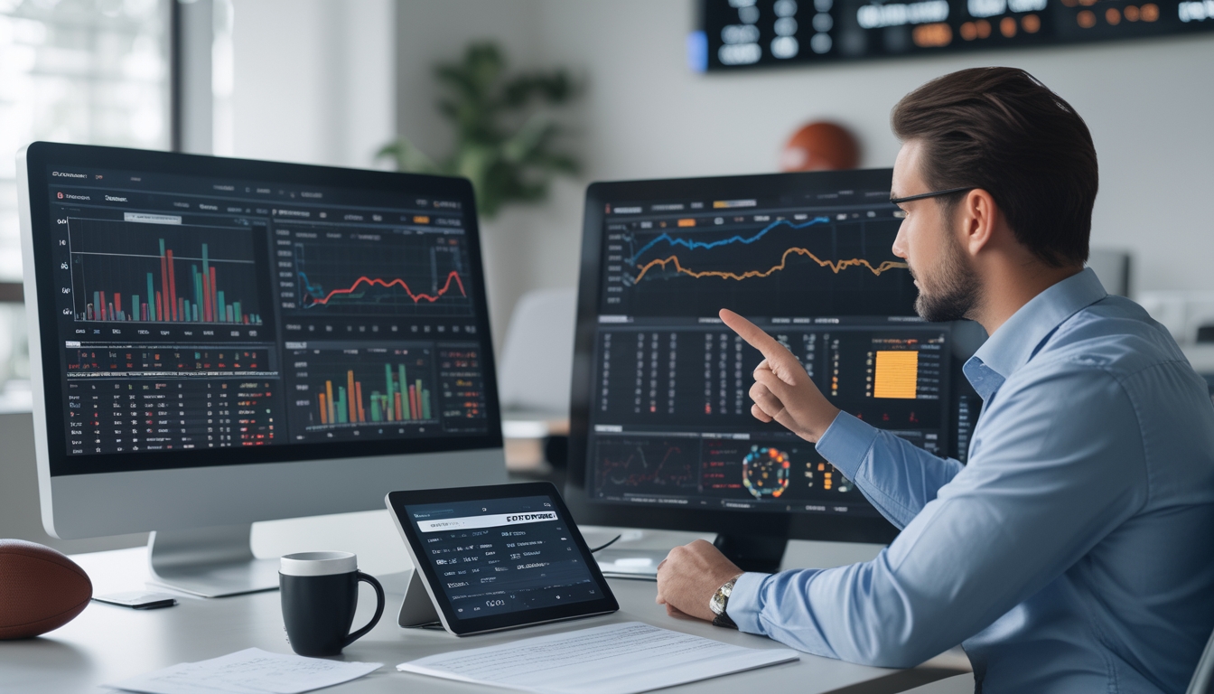 Seorang profesional sedang menganalisis data dan statistik pertandingan olahraga di depan komputer di sebuah kantor yang rapi.