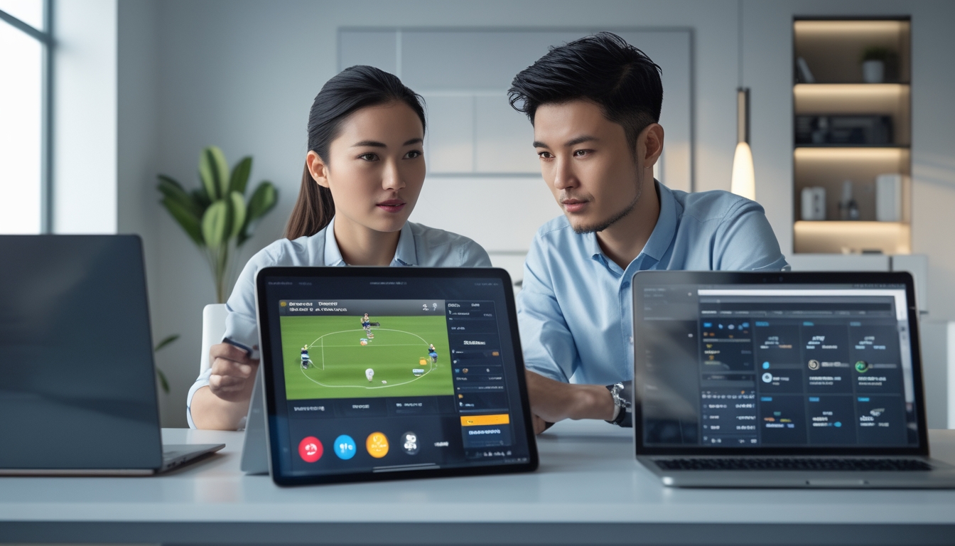 Dua orang Asia sedang duduk di meja modern dengan perangkat digital yang menampilkan grafik olahraga, fokus berdiskusi dan menganalisis data taruhan.