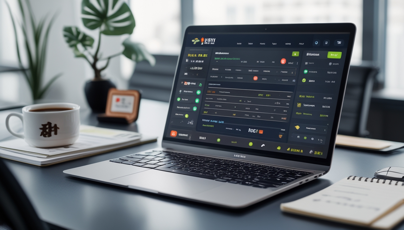 Sebuah ruang kerja modern dengan laptop yang menampilkan antarmuka taruhan olahraga online dan elemen dekorasi Asia di sekitarnya.