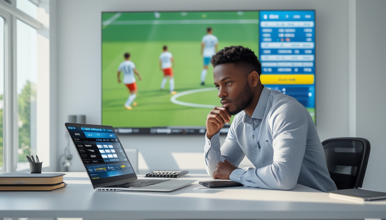 Seorang pria muda duduk di meja dengan laptop dan TV menampilkan pertandingan sepak bola langsung di latar belakang.