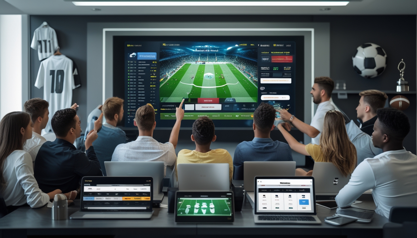 Sekelompok orang muda sedang menonton pertandingan sepak bola langsung dengan perangkat digital di ruang modern yang terang dan rapi.