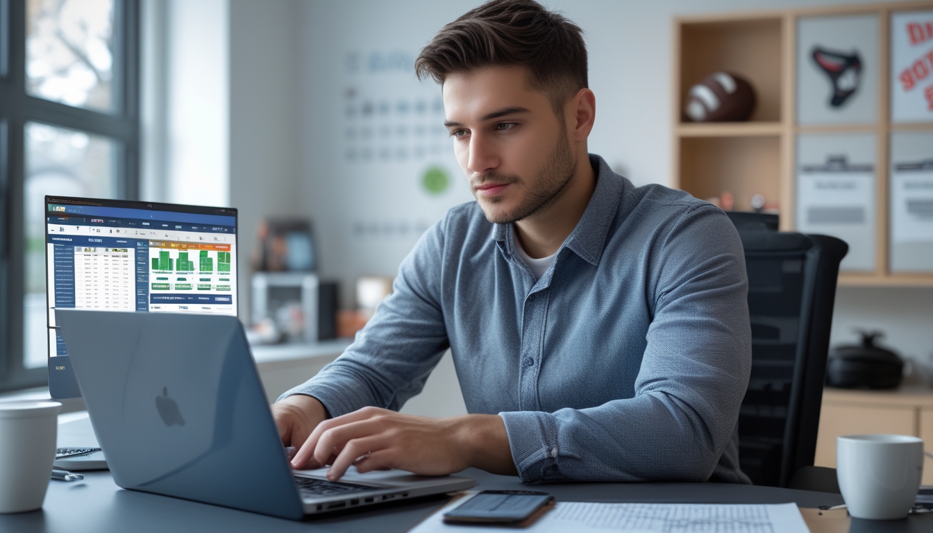 Seorang pria muda duduk di meja kerja dengan laptop, ponsel, dan catatan, fokus mengelola modal taruhan olahraga online agar tidak rugi.