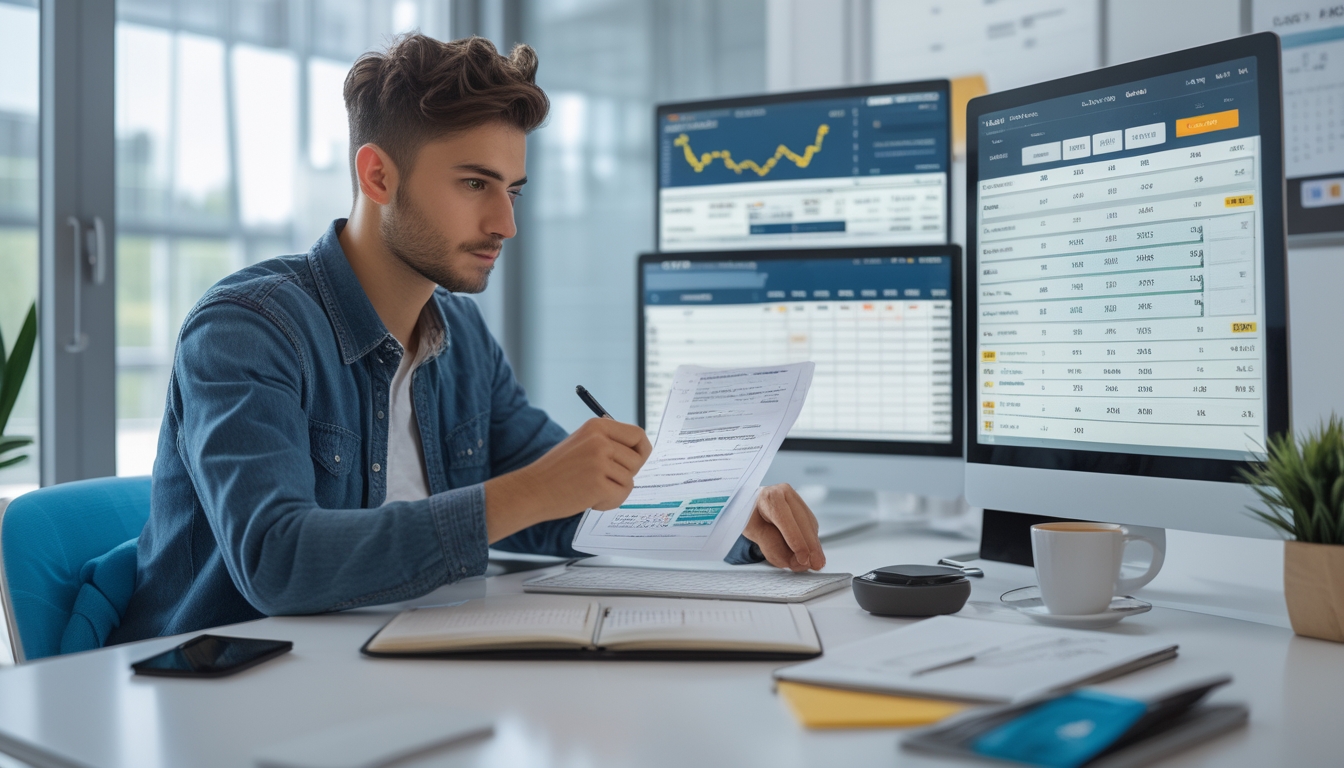 Seorang dewasa muda duduk di meja kerja dengan beberapa layar menampilkan statistik olahraga dan grafik keuangan, sedang menganalisis data dengan serius di ruang kantor yang terang dan rapi.