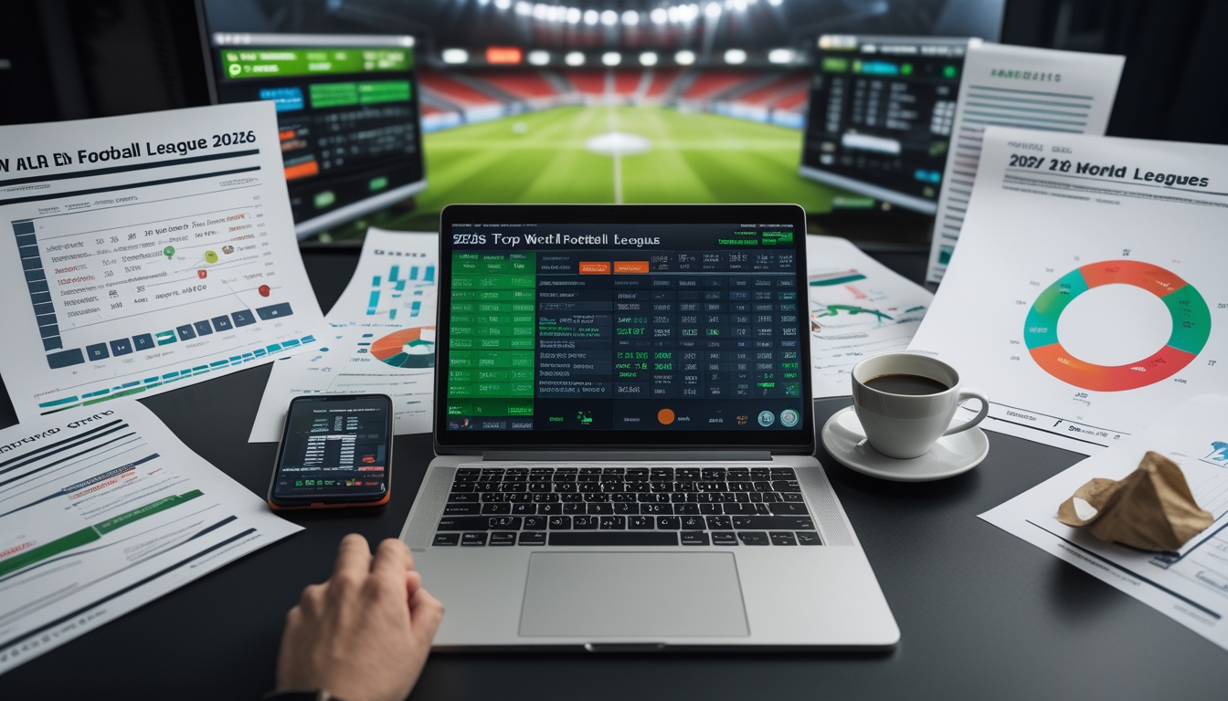 Meja kerja modern dengan laptop, smartphone, dan grafik analisis taruhan sepak bola Liga Top Dunia 2026.
