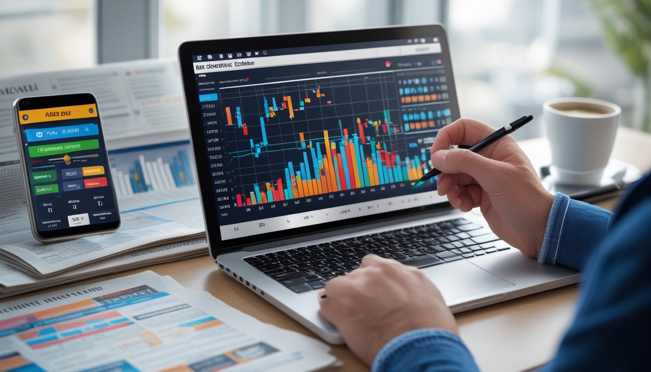 Seorang pria sedang menganalisis data taruhan online di depan laptop dengan grafik odds taruhan dan ponsel di meja.
