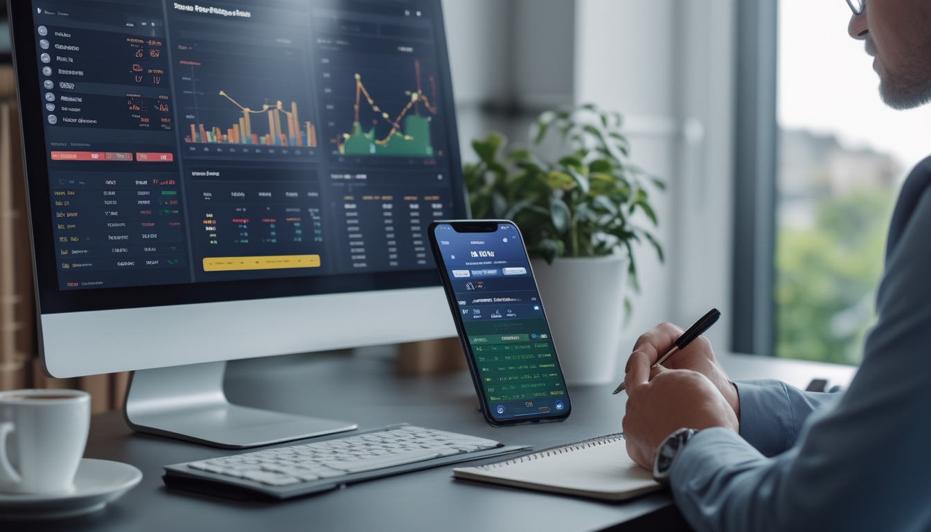 Seorang pria duduk di depan komputer dengan layar menampilkan data statistik olahraga dan aplikasi taruhan online, sedang menganalisis informasi dengan serius di ruang kerja yang rapi.